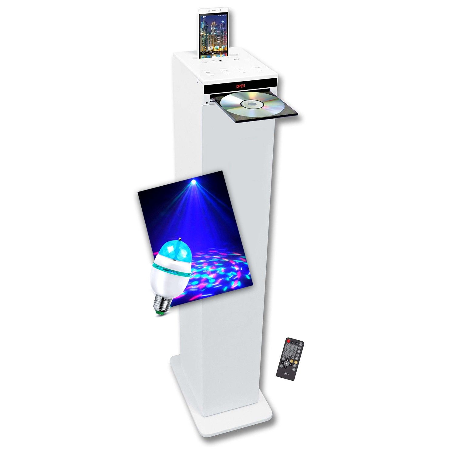 Inovalley WHITETOWER HP32-CD-W Bluetooth Speaker Tower with CD Player, FM Radio, USB, 60W, Remote Control, DIAMS LED Bulb