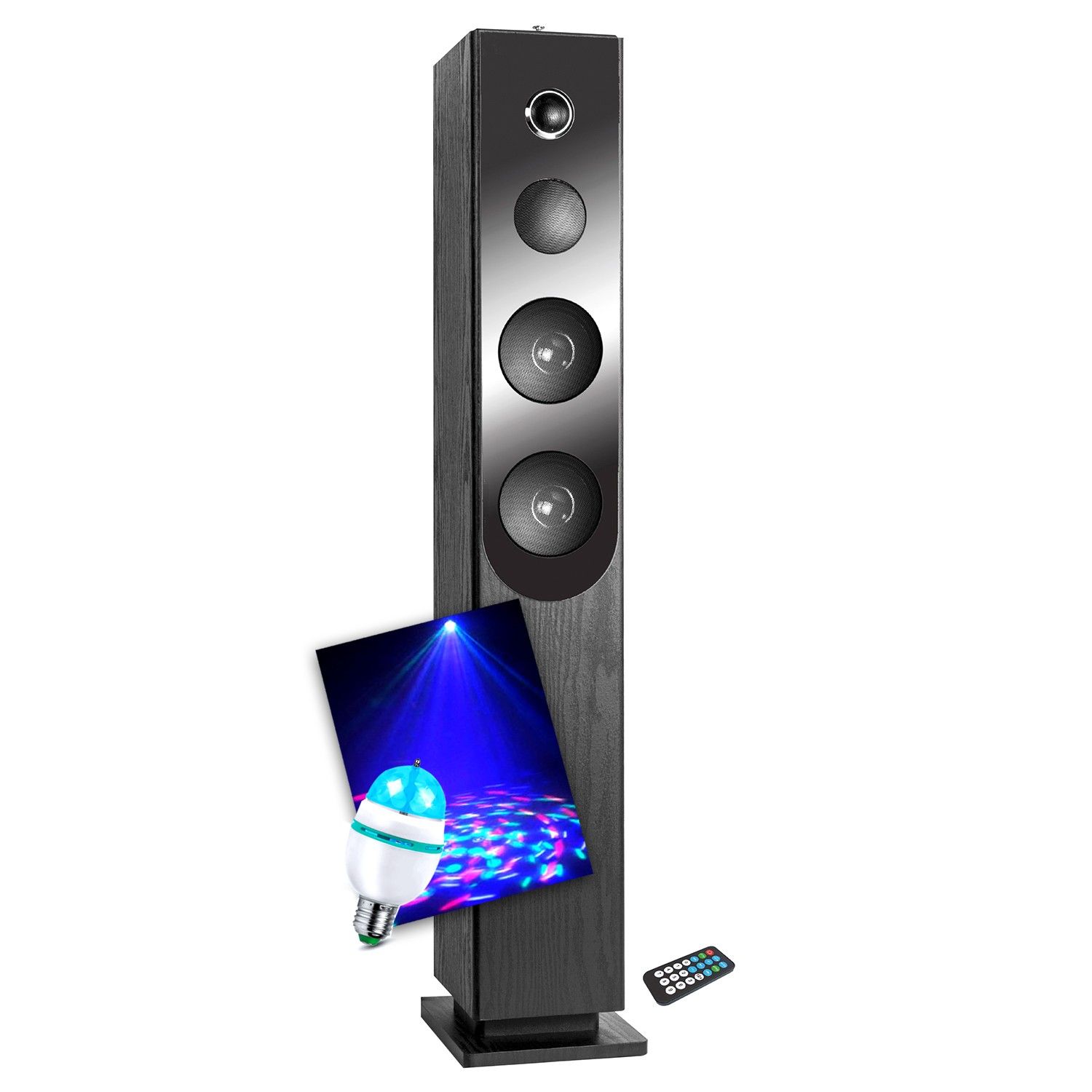 Inovalley HP33-CD Blacktower Speaker with CD Player, Bluetooth, FM Radio, USB, 100W, Remote Control, DIAMS LED Bulb