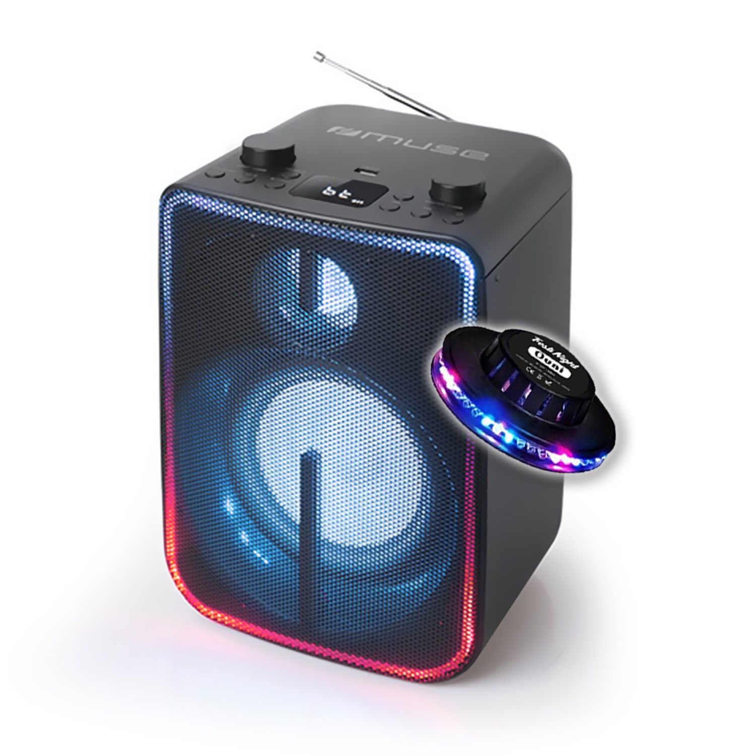 Muse M-1802DJ Wireless Stereo Speaker 60W - Bluetooth 5.0 - FM Radio - Light Effects - Rechargeable Battery, USB, LED OVNI