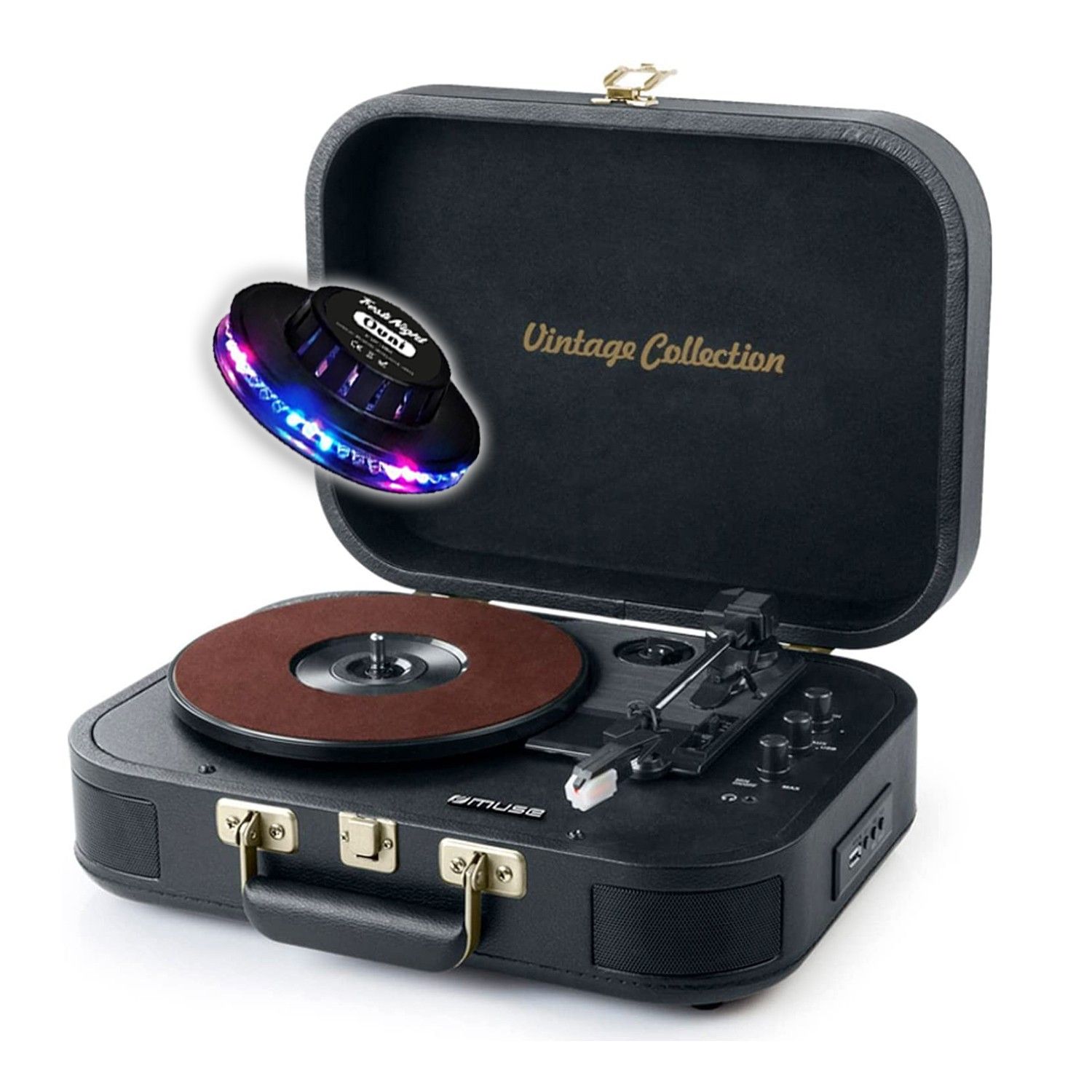 Muse MT-201 GLD Platinum Vinyl Record Player, Stereo 3 Speed (33/45/78), Bluetooth, USB, AUX, Built-in Speakers 2x5W, Black Gold, OVNI LED RGB