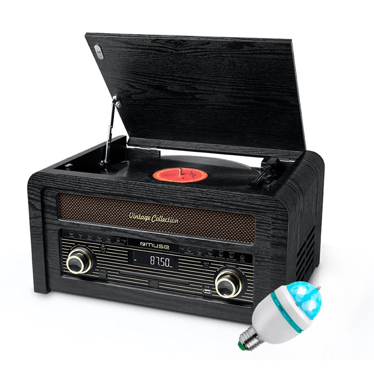 Muse MT-115W Vinyl Player, Micro Chain Radio FM, Stereo Power 20W - 33/45/78 RPM, CD, DIAMS LED Bulb