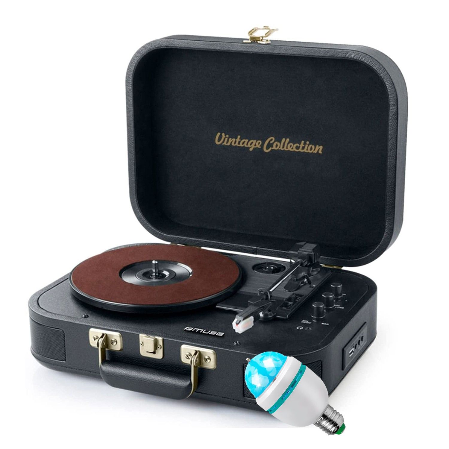 MUSE MT-201GLD Vinyl Player, Stereo 3 Speed Turntable with Bluetooth, USB & AUX Input, Built-in Speakers, DIAMS LED Light