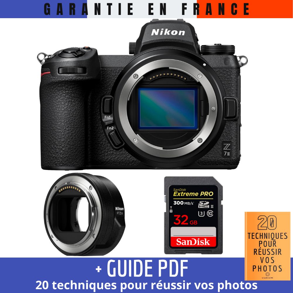 Kit de cámara Nikon Z7 II con adaptador FTZ II, tarjeta de memoria SanDisk 32 GB Extreme PRO SDXC (UHS-II 300 MB/s) y guía '20 TÉCNICAS PARA CONSEGUIR FOTOS ÉXITOSAS'