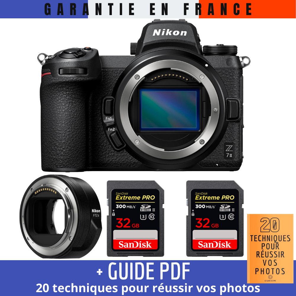 Kit de cámara sin espejo Nikon Z7 II con adaptador FTZ II, 2 tarjetas SanDisk Extreme PRO de 32 GB + guía '20 técnicas para conseguir buenas fotos'