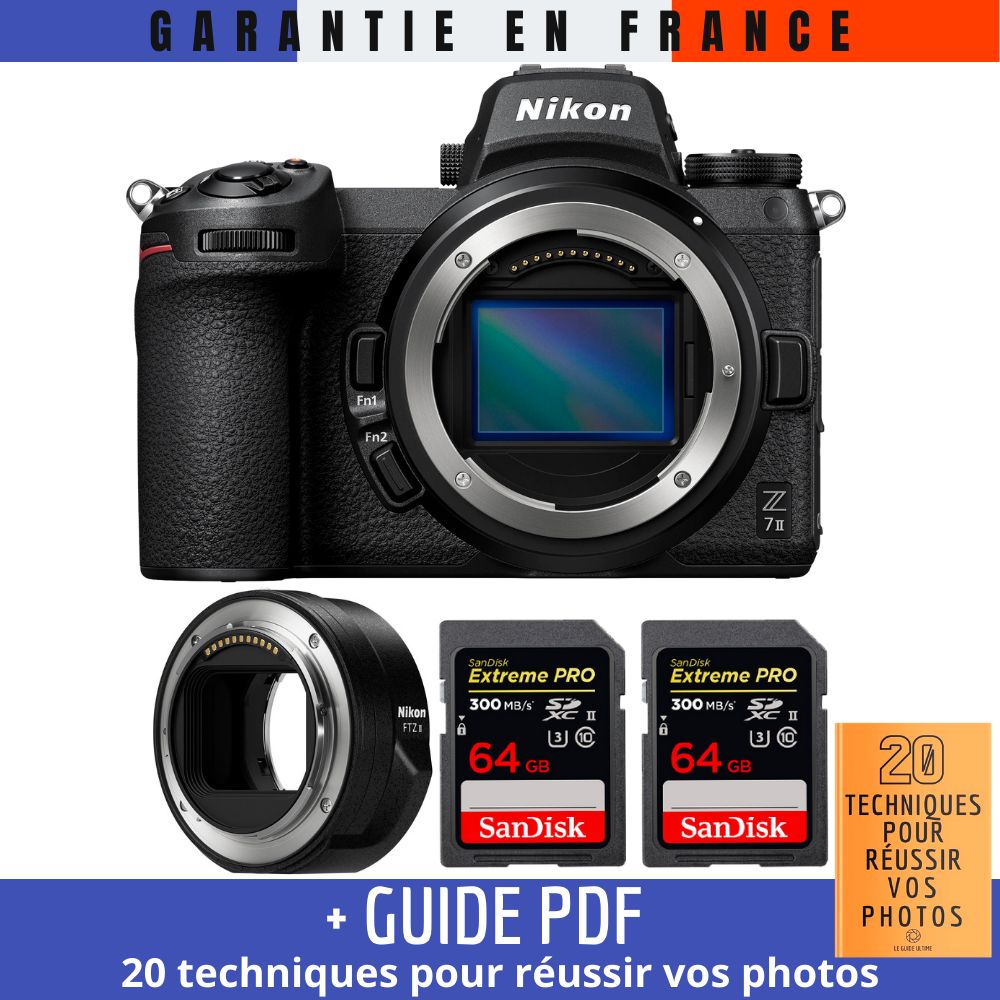 Kit de Nikon Z7 II Cámara sin espejo con adaptador FTZ II, 2 tarjetas SanDisk 64GB Extreme PRO UHS-II SDXC y guía PDF '20 TÉCNICAS PARA CONSEGUIR FOTOS EXITENTES'