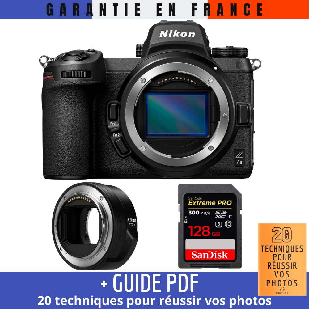Nikon Z7 II Kit appareil photo hybride plein format avec adaptateur FTZ II et carte SD 128 Go SanDisk Extreme PRO UHS-II + Guide : '20 techniques pour réussir vos photos'