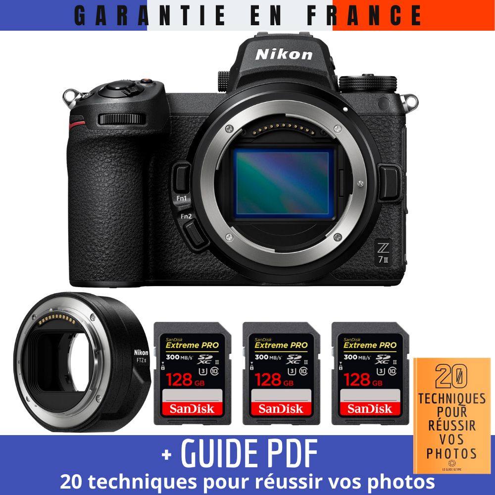 Kit Nikon Z7 II Cámara sin espejo con adaptador FTZ II y 3 tarjetas SanDisk 128 GB Extreme PRO UHS-II SDXC + guía '20 técnicas para conseguir buenas fotos'