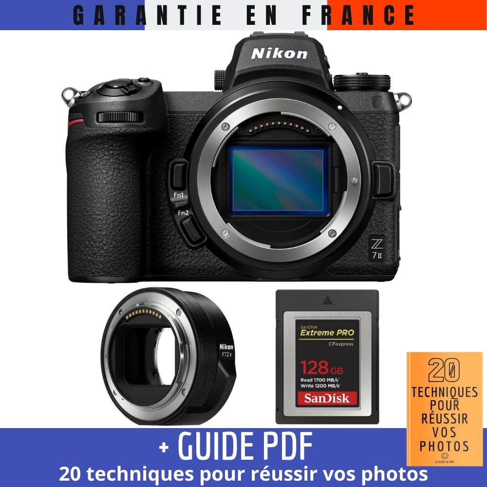 Kit Nikon Z7 II Hybride avec Adaptateur FTZ II, Carte 128 Go SanDisk Extreme PRO CFexpress Type B et Guide PDF (20 TACTIQUES POUR RENDRE LEUR PHOTO GRANDES)