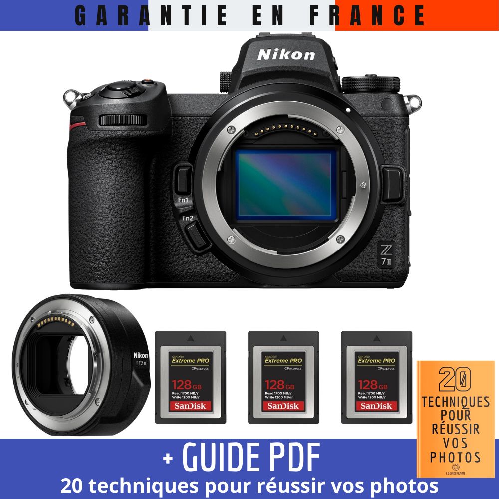 Kit de cámara sin espejo Nikon Z7 II con adaptador FTZ II y tarjetas de memoria SanDisk 128 GB Extreme PRO CFexpress Type B