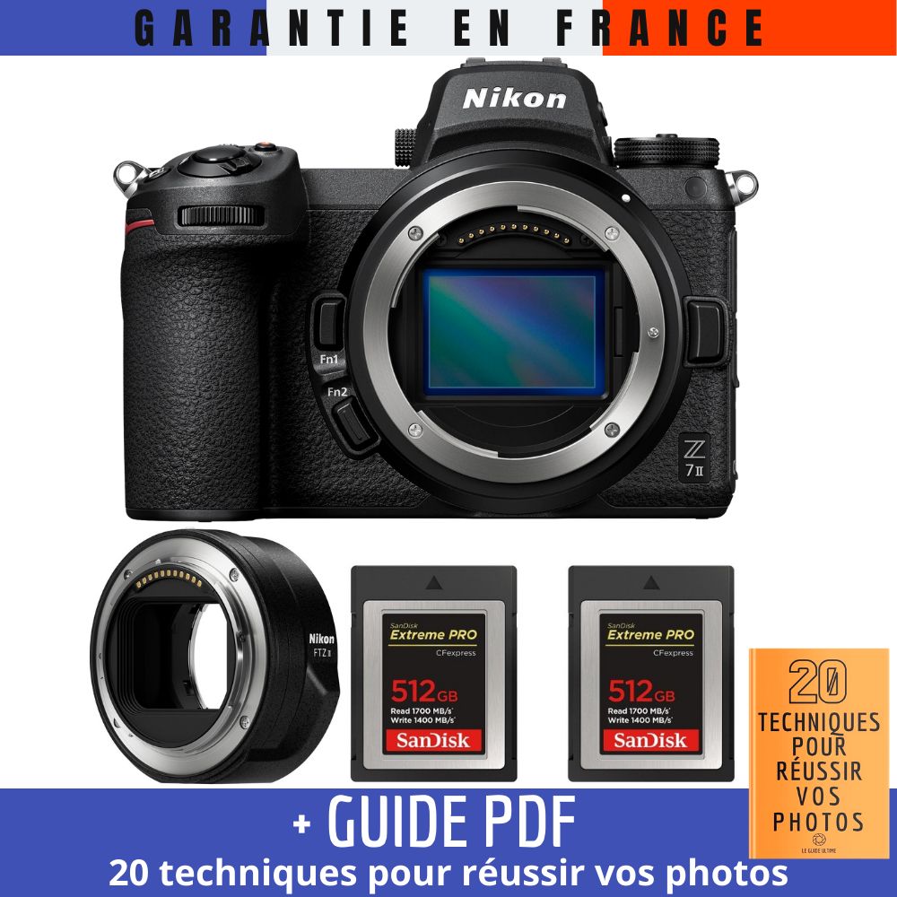 Kit Nikon Z7 II Cámara Mirora Completa con Adaptador FTZ II, 2 Tarjetas SanDisk 512GB Extreme PRO CFexpress Tipo B + Guía '20 TÉCNICAS PARA OBTENER FOTOS ÉXITOSAS'