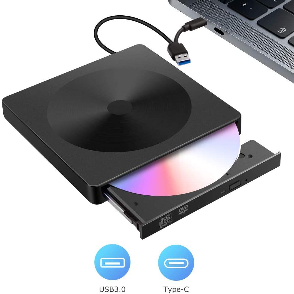 Grabador y reproductor externo de CD-DVD LITZEE con doble puerto USB 3.0 Tipo C, transferencia de datos de bajo ruido y alta velocidad, adecuado para MacBook, portátil, escritorio, Win 7/8/10 / XP Super Viaje