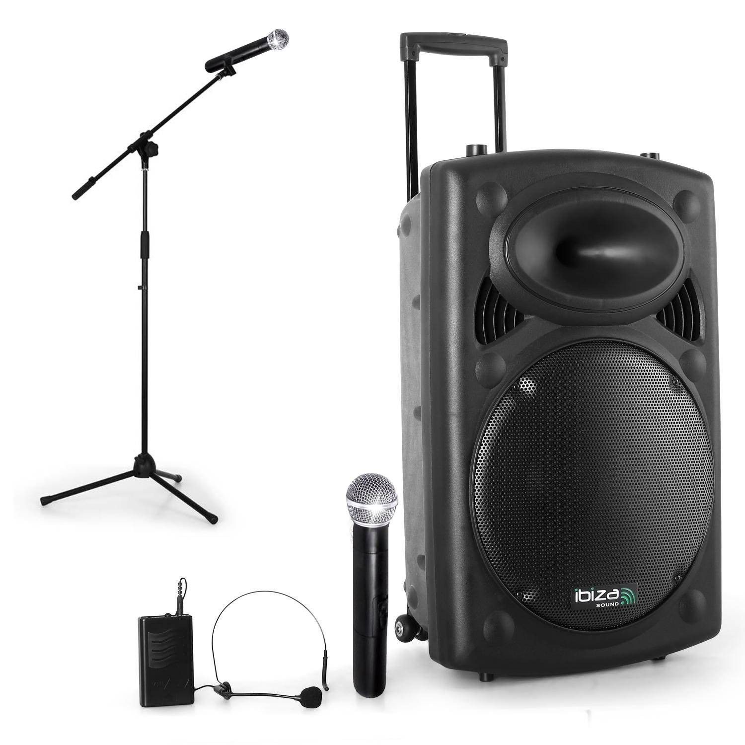 Haut-parleur portable Ibiza à batterie 1000W USB Bluetooth + 2 micros VHF avec pied