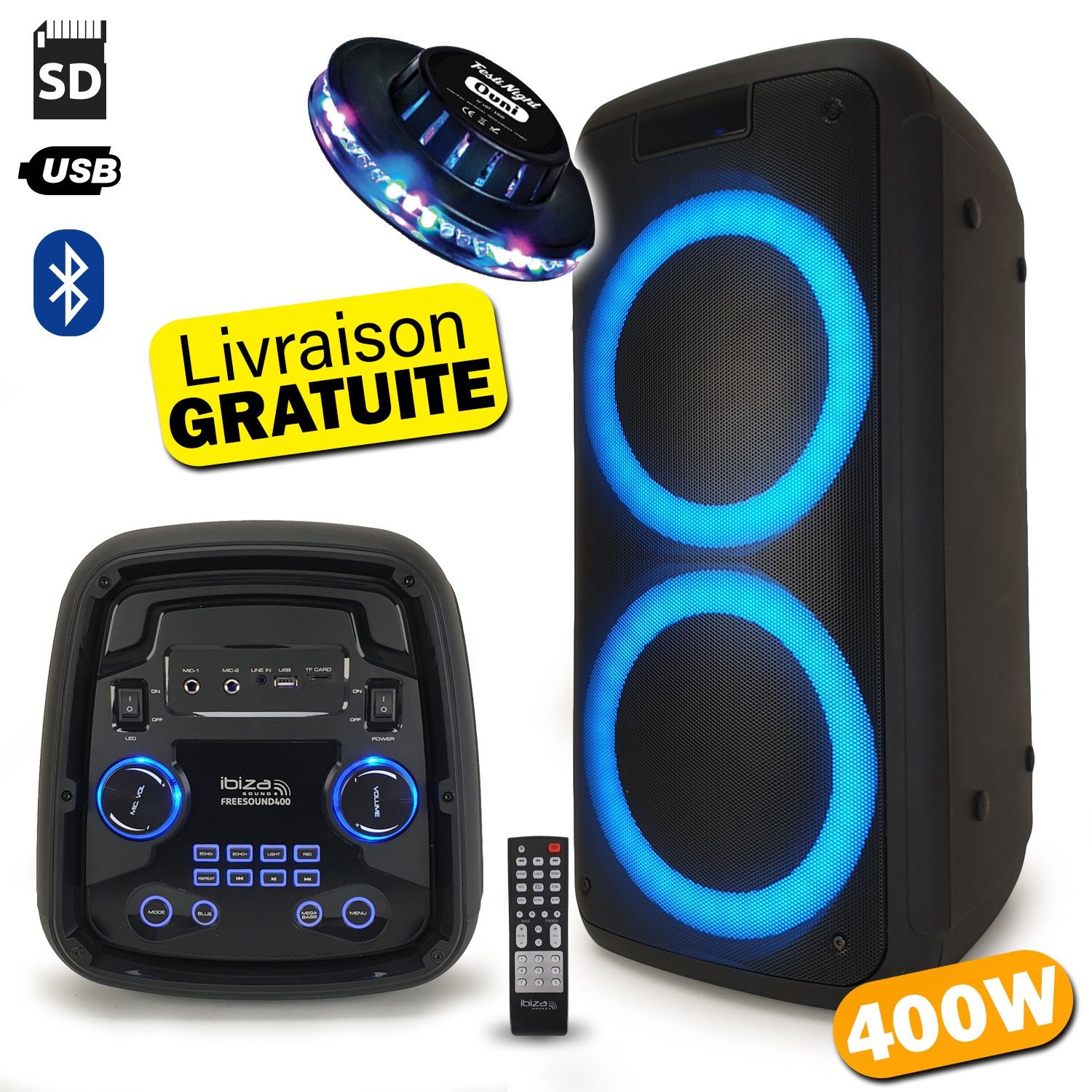 Ibiza Sound FreeSound400 Active Speaker - 600W, Bluetooth/USB/SD, LED Light Show
