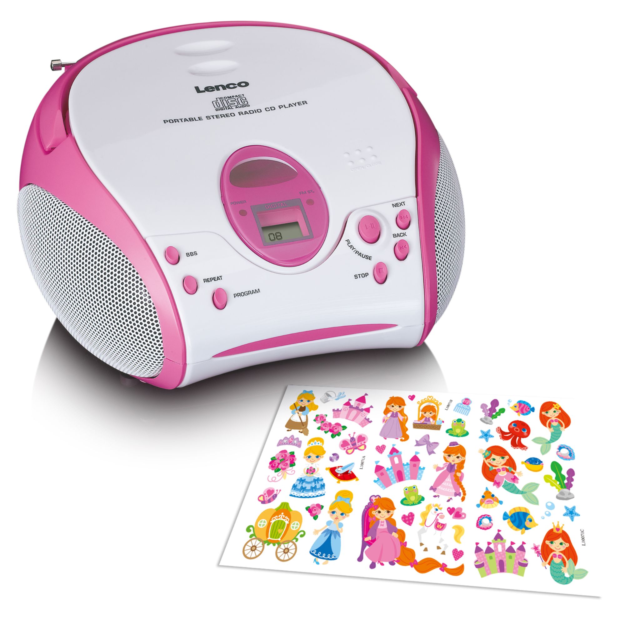 Lenco SCD-24PK Portable Radio with CD Player, Kids Edition - White and Pink