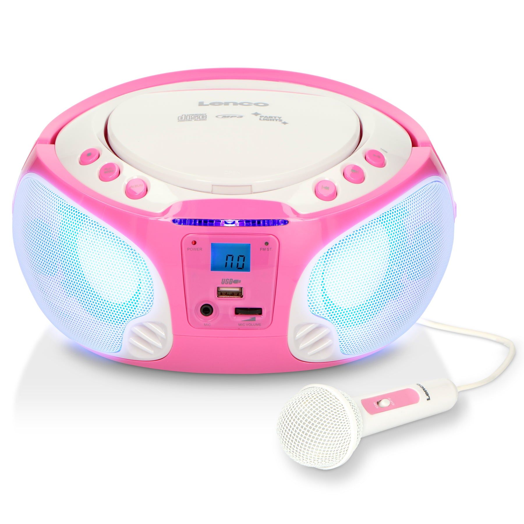 Lenco SCD-650 Portable CD/MP3 Radio with FM, USB, Microphone & Light Effects - Pink