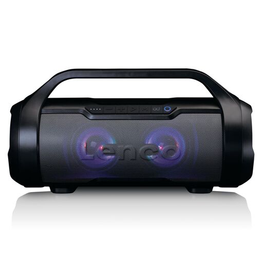 Altavoz resistente al agua para fiestas Lenco con radio FM, USB, tarjeta SD y luces de fiesta - Negro