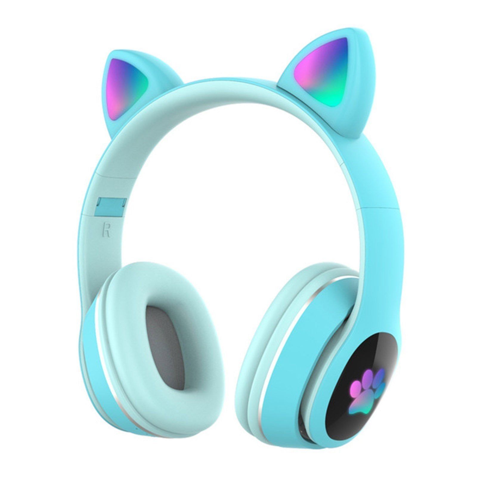 Cat Ear Music Headphones Wireless Headset with 7 Breathing Color Lights, Blue
