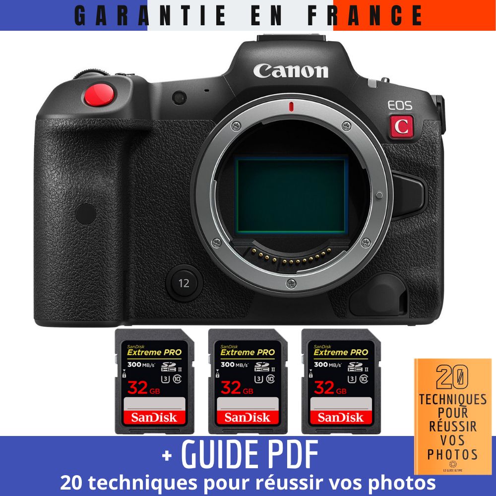 Canon EOS R5 C Nu + 3 tarjetas de memoria SanDisk 32GB Extreme PRO UHS-II SDXC 300 MB/s + guía PDF '20 TÉCNICAS PARA EL ÉXITO EN FOTOGRAFÍA'