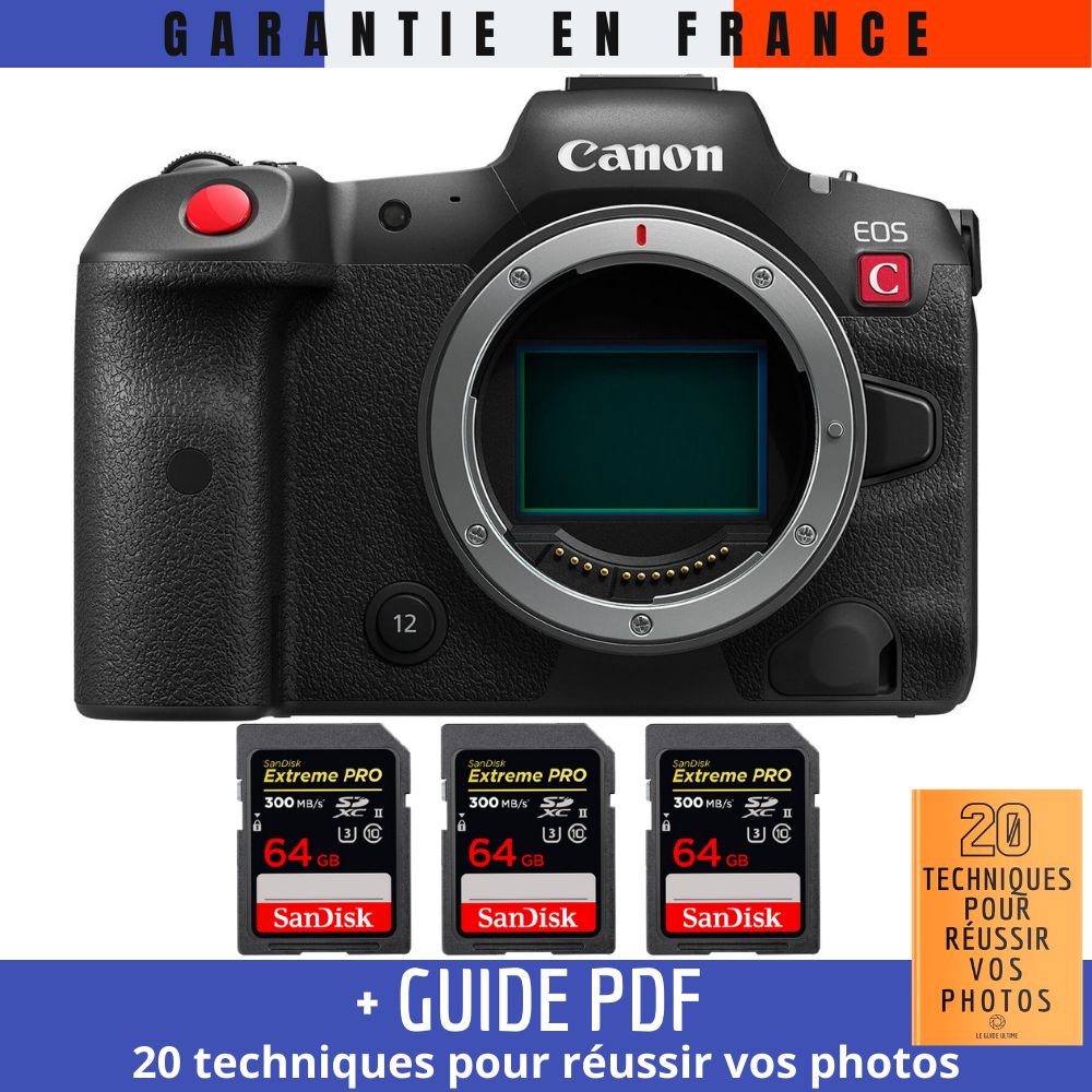 Canon EOS R5 C Nu + 3 Tarjetas de Memoria SanDisk Extreme PRO UHS-II SDXC de 64GB a 300 MB/s + Guía: '20 TÉCNICAS PARA CONSEGUIR FOTOS EXCELENTES'