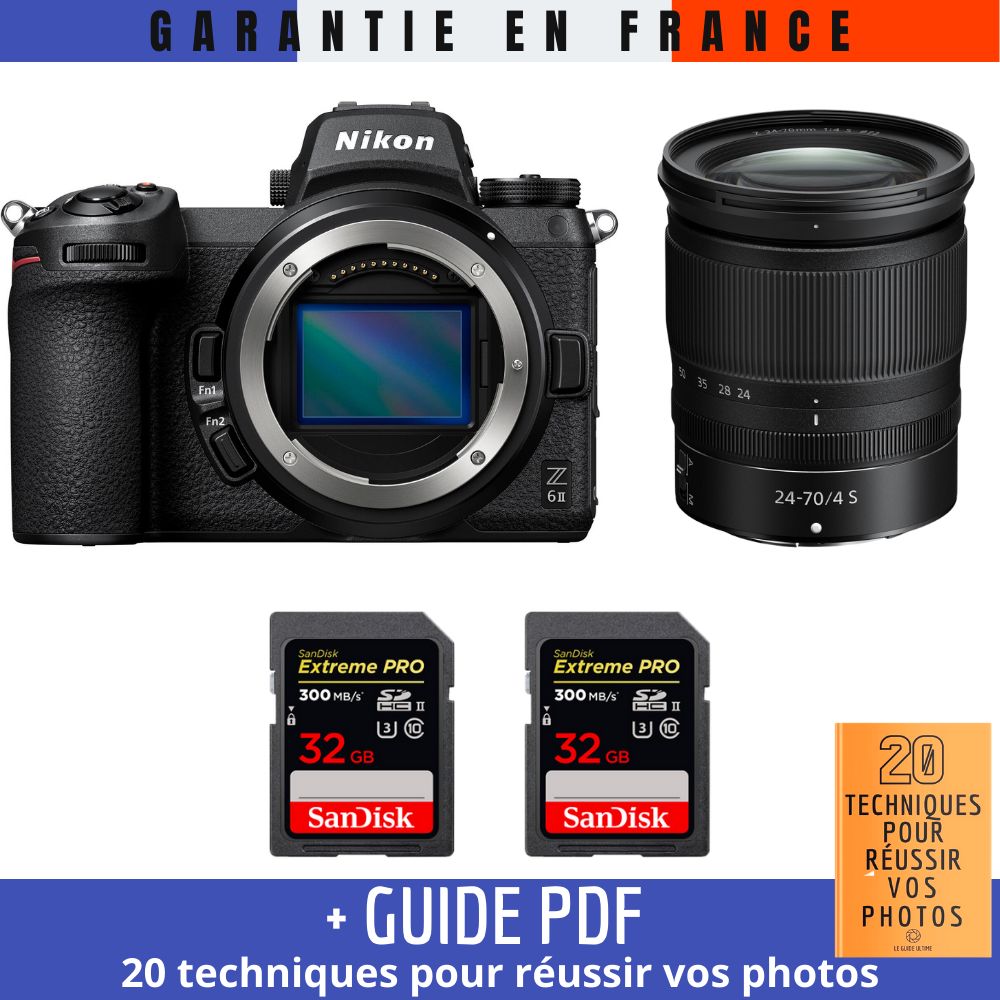 Nikon Z6 II Mirrorless Camera + Z 24-70mm f/4 S Lens + 2 SanDisk 32GB Extreme PRO UHS-II SDXC Cards (300 MB/s) + '20 TECHNIQUES POUR RÉUSSIR VOS PHOTOS' Guide