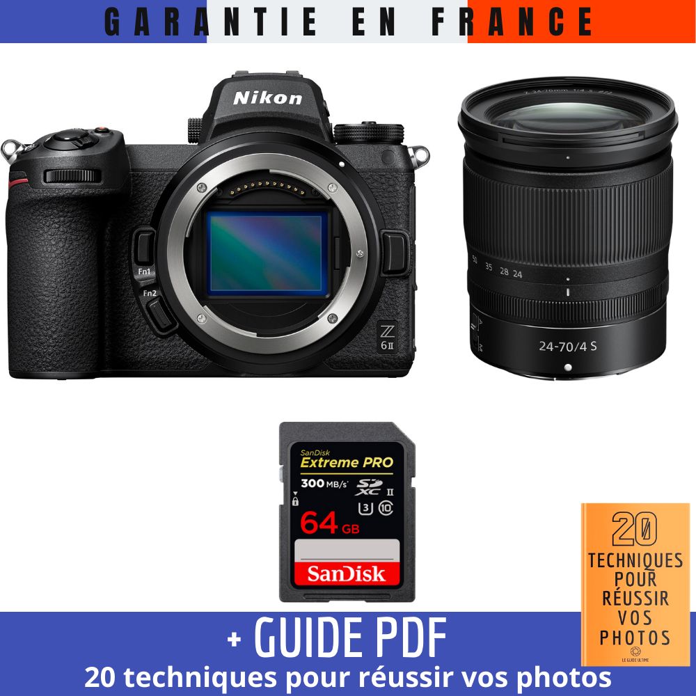 Nikon Z6 II Mirrorless Camera + Z 24-70mm f/4 S Lens + 1 SanDisk 64GB Extreme PRO UHS-II SDXC Card (300 MB/s) + '20 TECHNIQUES POUR RÉUSSIR VOS PHOTOS' Guide