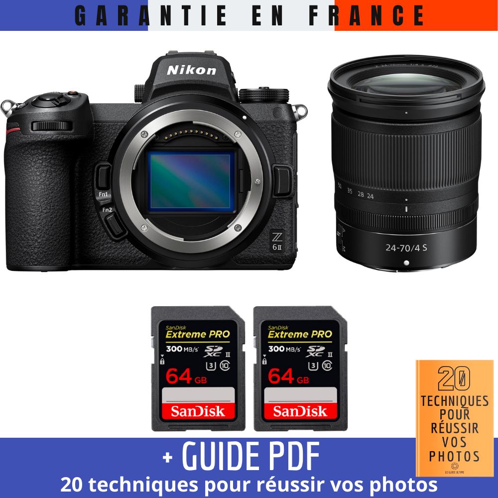 Appareil photo Nikon Z6 II + Objectif Z 24-70mm f/4 S + 2 Cartes SD SanDisk 64Go Extreme PRO UHS-II + Guide '20 techniques pour réussir vos photos'