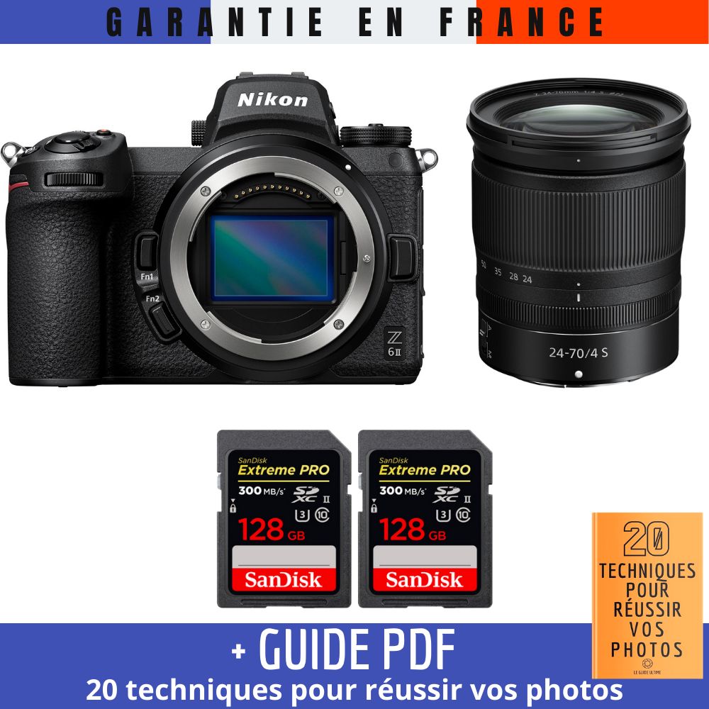 Appareil photo hybride Nikon Z6 II + Objectif Z 24-70mm f/4 S + 2 Cartes SDXC SanDisk 128 Go Extrême PRO UHS-II
