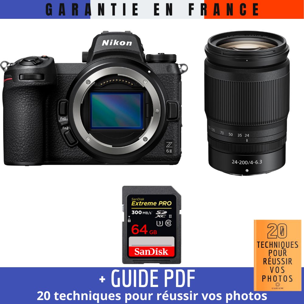 Nikon Z6 II Mirrorless Camera + Z 24-200mm f/4-6.3 VR Lens + 1 SanDisk 64GB Extreme PRO UHS-II SDXC Card (300 MB/s) + '20 TECHNIQUES POUR RÉUSSIR VOS PHOTOS' Guide