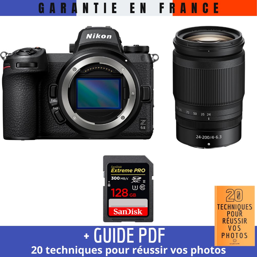Nikon Z6 II Mirrorless Camera + Z 24-200mm f/4-6.3 VR Lens + 1 SanDisk 128GB Extreme PRO UHS-II SDXC Card + '20 TECHNIQUES POUR RÉUSSIR VOS PHOTOS' Guide