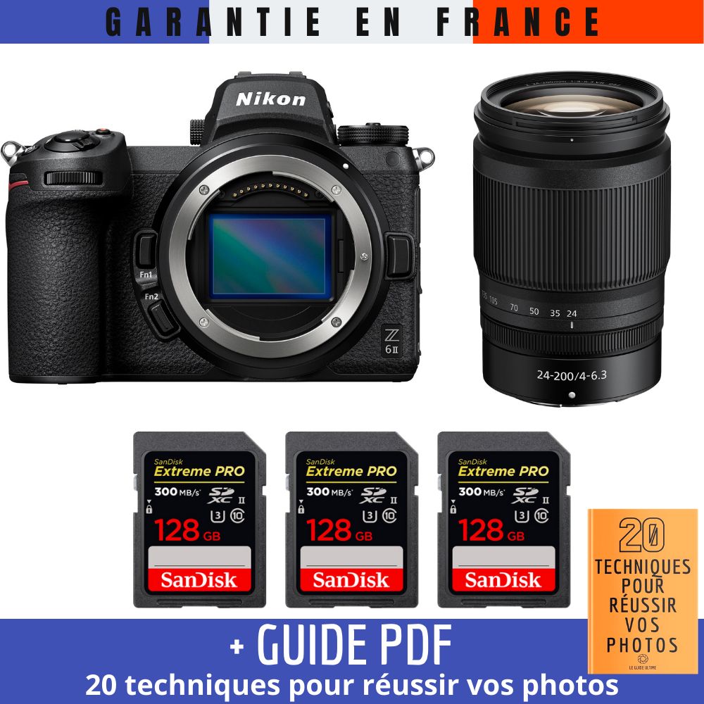 Nikon Z6 II Mirrorless Camera + Z 24-200mm f/4-6.3 VR Lens + 3 SanDisk 128GB Extreme PRO UHS-II SDXC Cards (300MB/s) + '20 TECHNIQUES POUR RÉUSSIR VOS PHOTOS' Guide