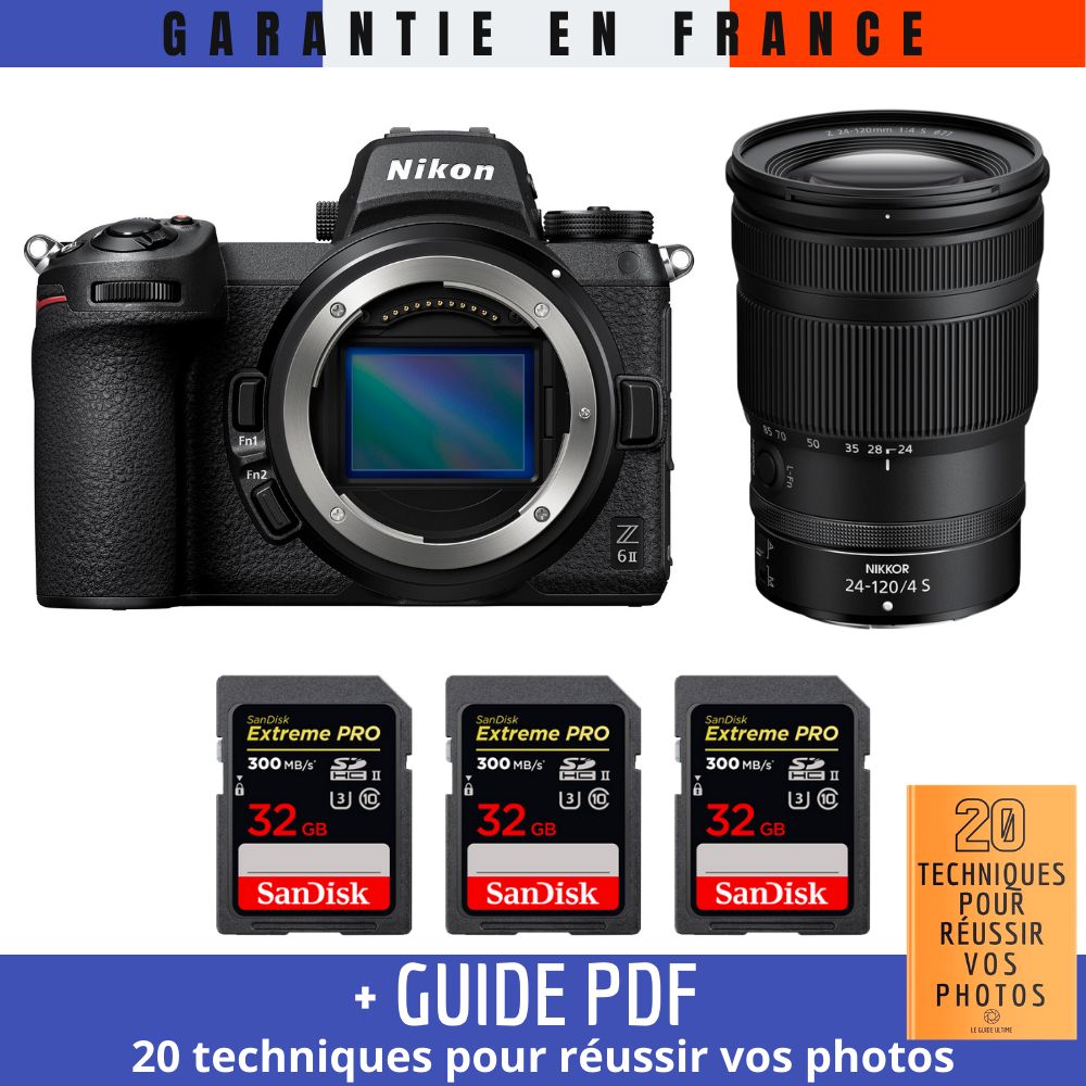 Nikon Z6 II Mirrorless Camera + Z 24-120mm f/4 S Lens + 3 SanDisk 32GB Extreme PRO UHS-II SDXC Cards (300 MB/s) + '20 TECHNIQUES POUR RÉUSSIR VOS PHOTOS' Guide