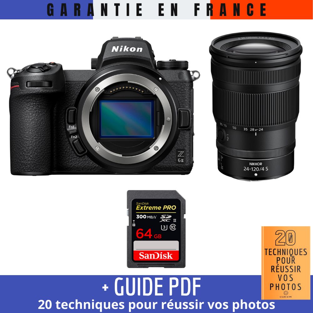 Nikon Z6 II Mirrorless Camera + Z 24-120mm f/4 S Lens + 1 SanDisk 64GB Extreme PRO UHS-II SDXC Card (300MB/s) + '20 TECHNIQUES POUR RÉUSSIR VOS PHOTOS' Guide
