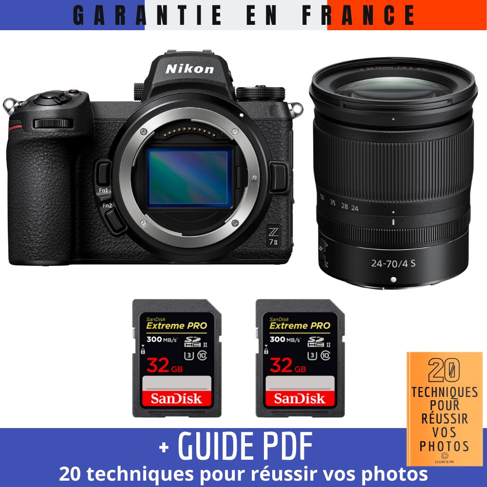 Kit Nikon Z7 II avec objectif Z 24-70mm f/4 S et cartes mémoire SanDisk 32 Go