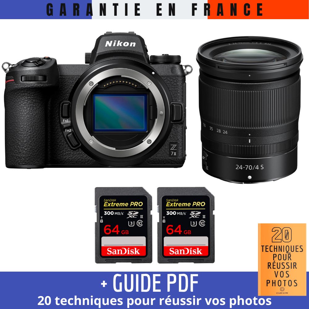 Kit Nikon Z7 II avec objectif Z 24-70mm f/4 S et cartes mémoire SanDisk 64 Go