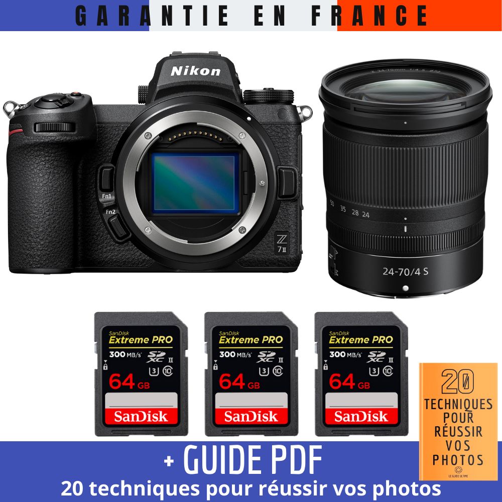 Nikon Z7 II Camera Kit with Z 24-70mm Lens and SanDisk Extreme PRO SD Cards (64GB, 300MB/s) + '20 TECHNIQUES POUR RÉUSSIR VOS PHOTOS' Guide