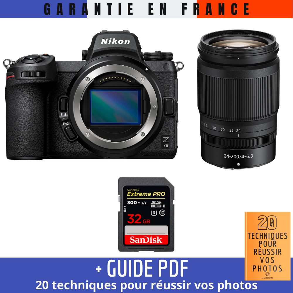 Nikon Z7 II Mirrorless Camera + Z 24-200mm f/4-6.3 VR Lens + 1 SanDisk 32GB Extreme PRO UHS-II SDXC Card + '20 TECHNIQUES POUR RÉUSSIR VOS PHOTOS' Guide