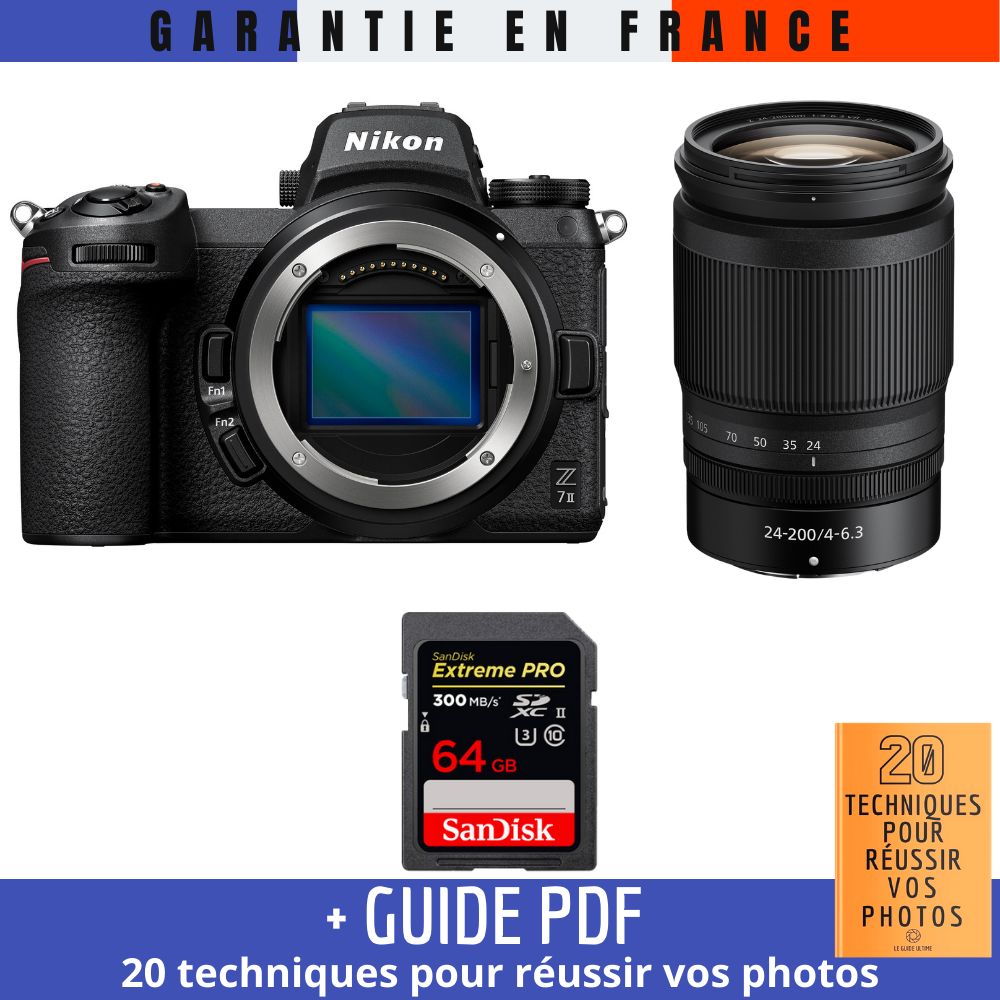 Nikon Z7 II Kit with Z 24-200mm f/4-6.3 VR and SanDisk 64GB Extreme PRO UHS-II SDXC Card + '20 TECHNIQUES POUR RÉUSSIR VOS PHOTOS' Guide