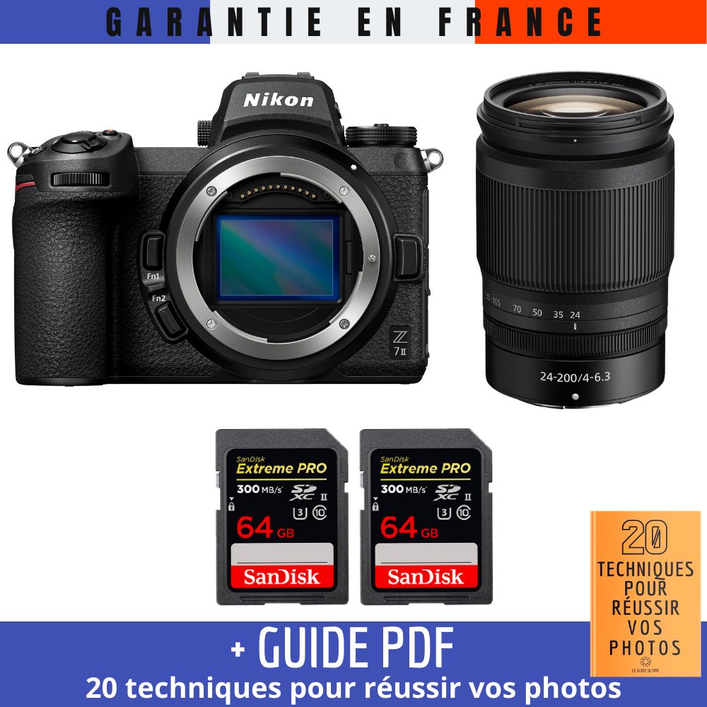 Nikon Z7 II Camera Kit with Z 24-200mm Lens and SanDisk SD Cards (64GB x 2) + Guide: '20 TECHNIQUES POUR RÉUSSIR VOS PHOTOS'