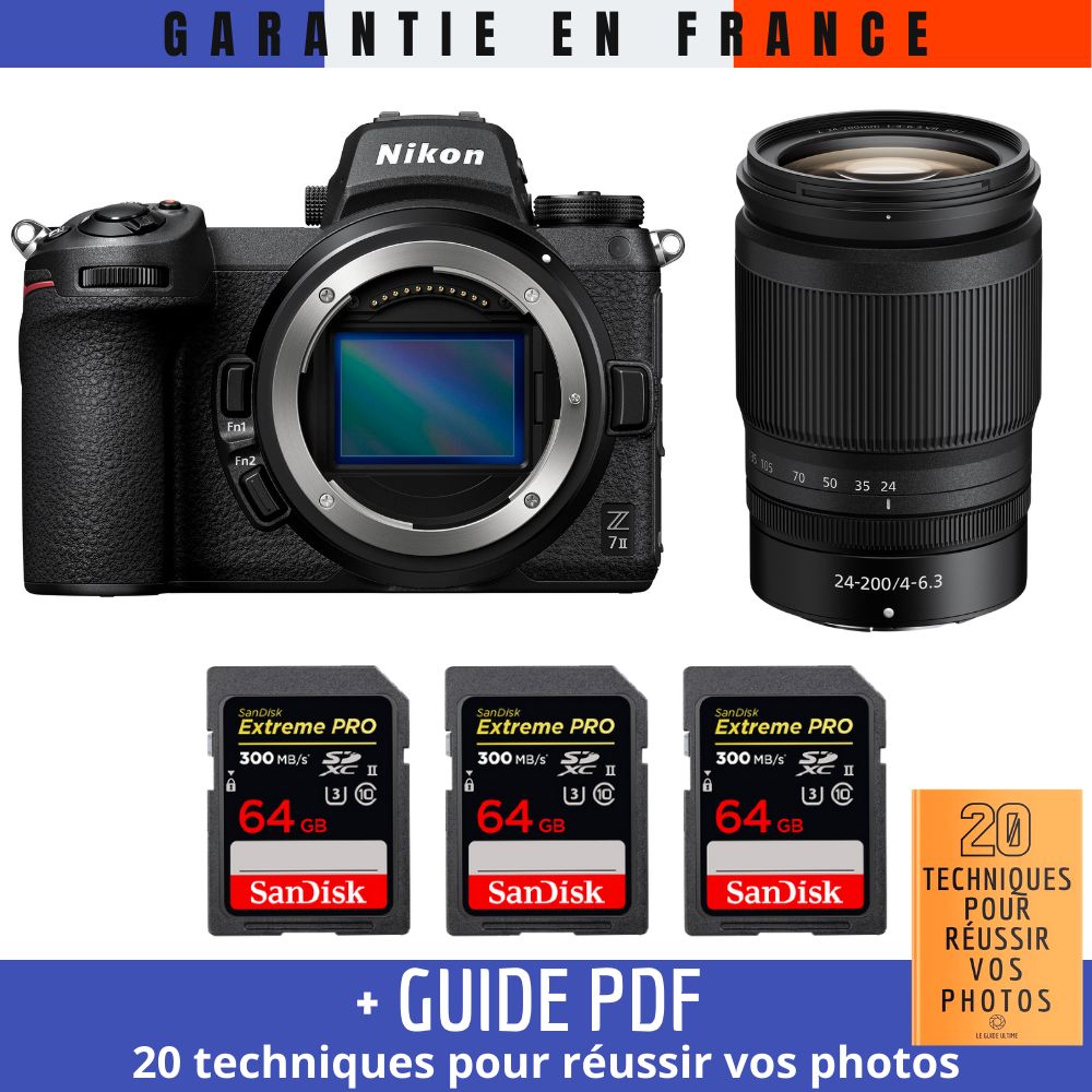 Nikon Z7 II Camera Kit with Z 24-200mm Lens and SanDisk Extreme PRO SD Cards (64GB x 3) + Guide: '20 Techniques for Succeeding in Photography'