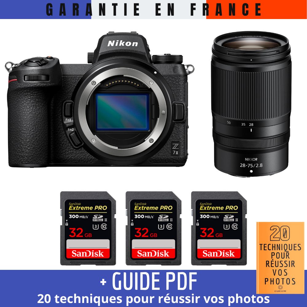 Nikon Z7 II Mirrorless Camera + Z 28-75mm f/2.8 Lens + 3 SanDisk 32GB Extreme PRO UHS-II SDXC Cards (300MB/s) + '20 TECHNIQUES POUR RÉUSSIR VOS PHOTOS' Guide