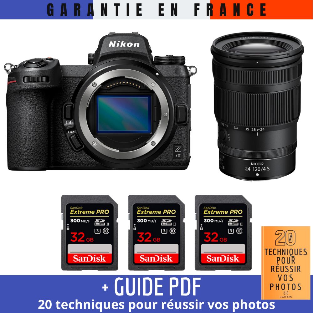 Nikon Z7 II Mirrorless Camera + Z 24-120mm f/4 S Lens + 3 SanDisk 32GB Extreme PRO UHS-II SDXC Cards + '20 TECHNIQUES POUR RÉUSSIR VOS PHOTOS Guide