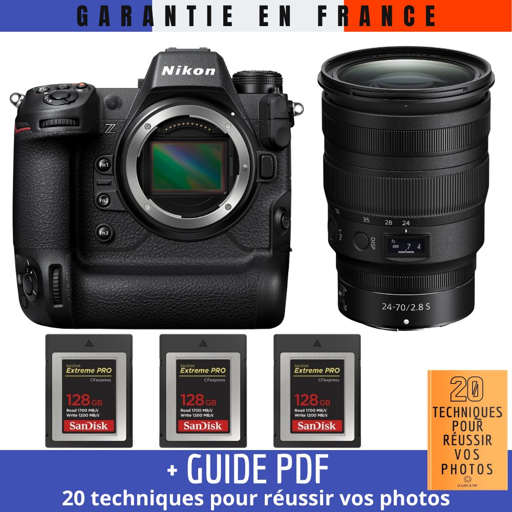 Kit Nikon Z9 avec objectif Z 24-70mm f/2.8 S + 3 cartes SanDisk 128 Go Extreme PRO CFexpress Type B + Guide : '20 Techniques pour Réussir vos Photos'