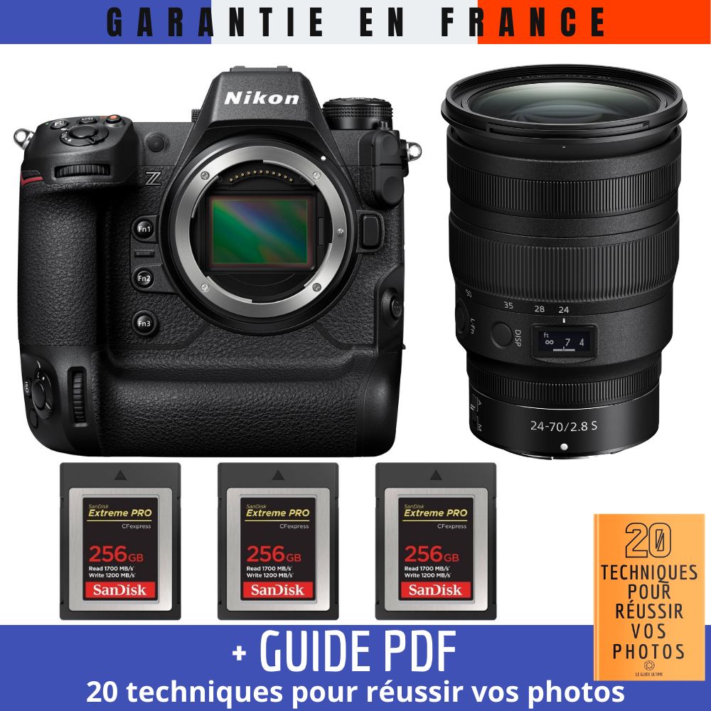 Nikon Z9 Kit avec Objectif Z 24-70mm f/2.8 S + 3 Cartes SanDisk Extreme PRO 256Go Type B CFexpress + Guide '20 TACTIQUES POUR RÉUSIR VOS PHOTOS'