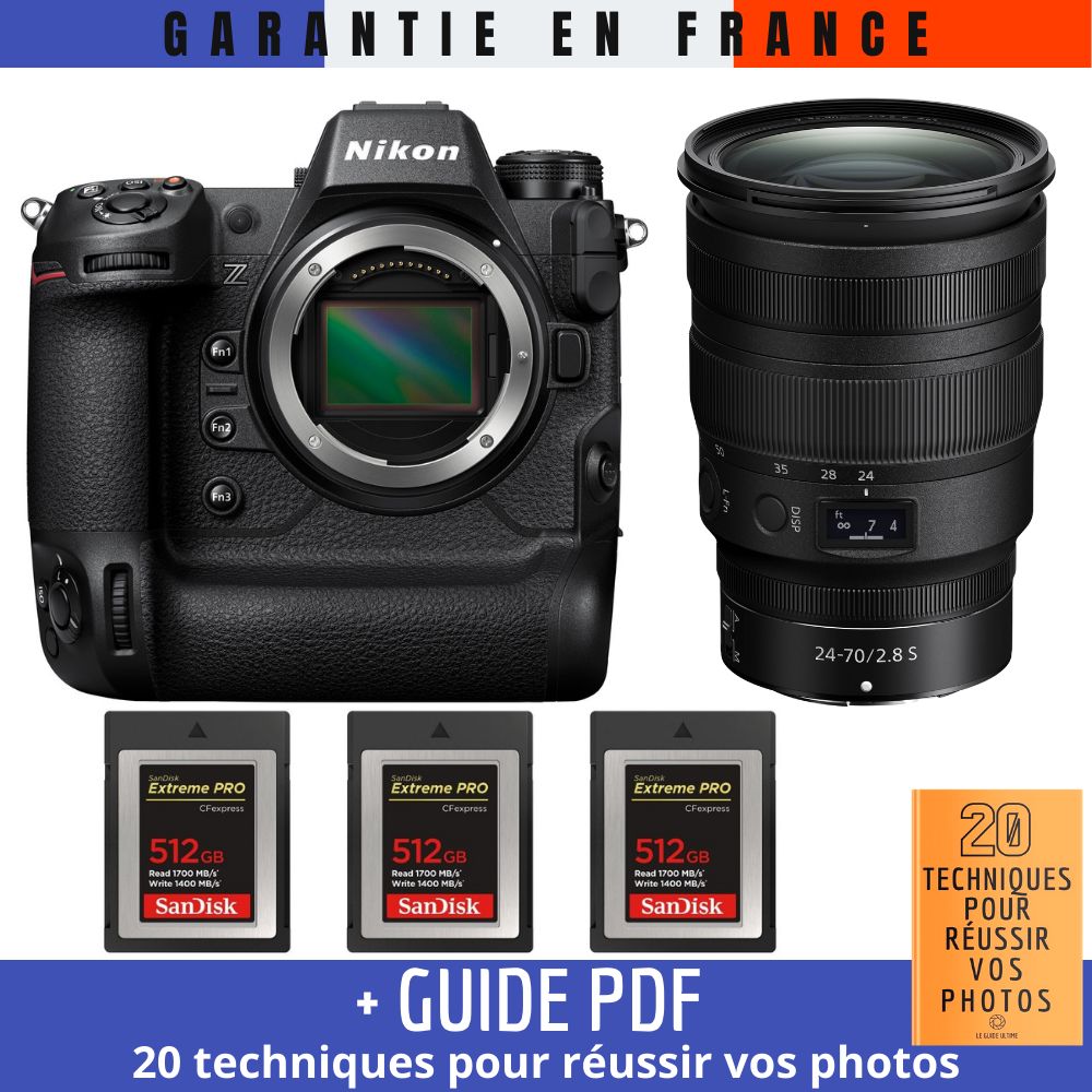 Kit Nikon Z9 avec objectif Z 24-70mm f/2.8 S et 3 cartes mémoire SanDisk Extreme PRO CFexpress Type B de 512 Go (guide PDF inclus)