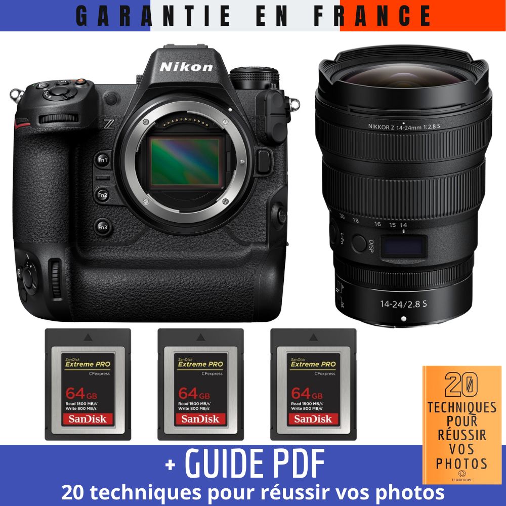 Kit Nikon Z9 avec objectif Z 14-24mm f/2,8 S et 3 cartes SanDisk 64Go Extreme PRO CFexpress Type B