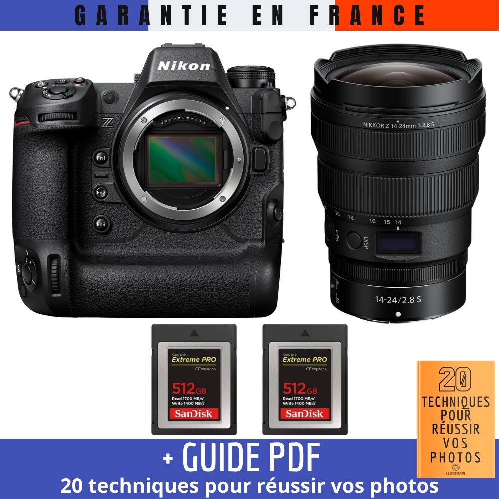 Kit Nikon Z9 avec objectif Z 14-24mm f/2,8 S et 2 cartes SanDisk 512 Go Extreme PRO CFexpress Type B (guide PDF '20 techniques pour réussir vos photos' inclus)