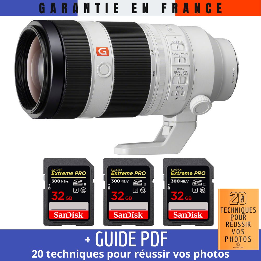 Sony FE 100-400mm f/4.5-5.6 GM OSS Lens + 3 SanDisk 32GB UHS-II 300MB/s Cards + Guide PDF