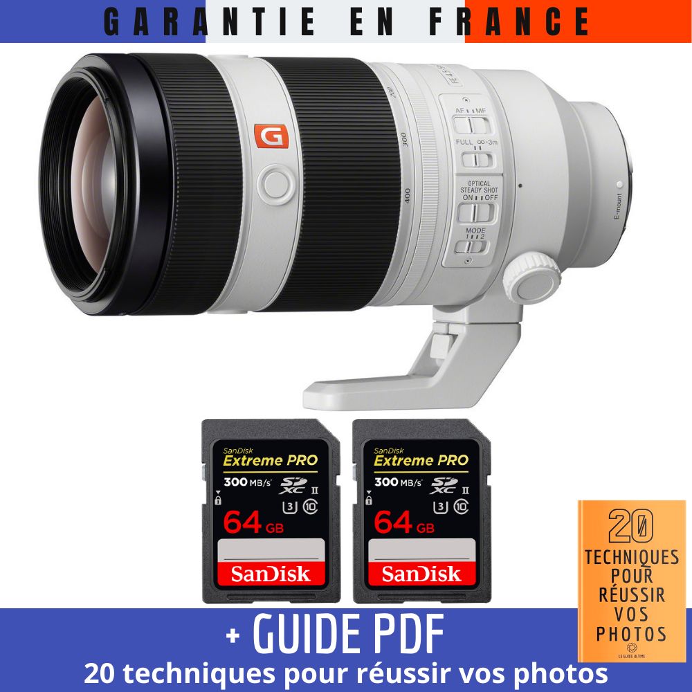 Sony FE 100-400mm f/4.5-5.6 GM OSS Lens + 2 SanDisk 64GB UHS-II Cards + Guide PDF