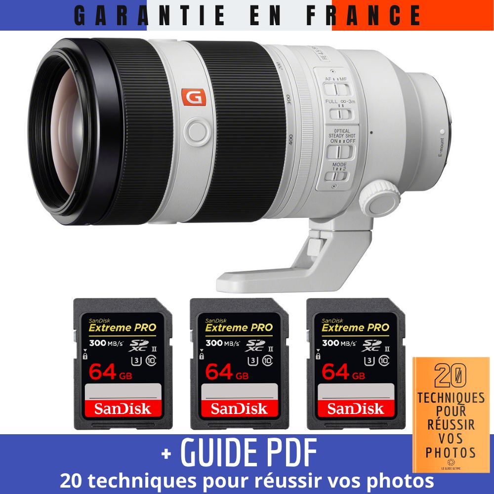 Sony FE 100-400mm f/4.5-5.6 GM OSS Lens + 3 SanDisk 64GB UHS-II 300MB/s Cards + PDF Guide