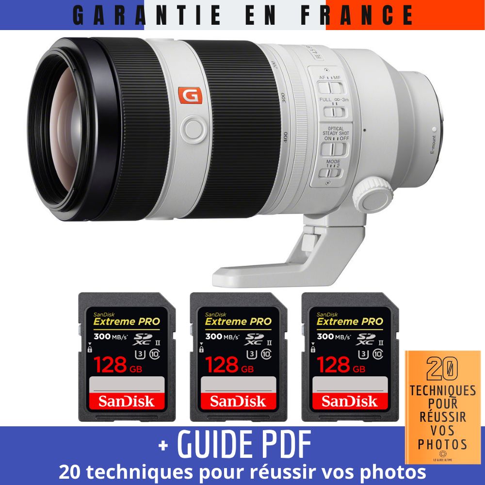 Sony FE 100-400mm f/4.5-5.6 GM OSS Lens + 3 SanDisk 128GB UHS-II Cards + PDF Guide